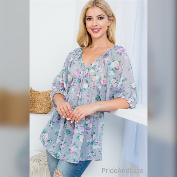 GRAY FLORAL PRINT TOP - Picture 3 of 6